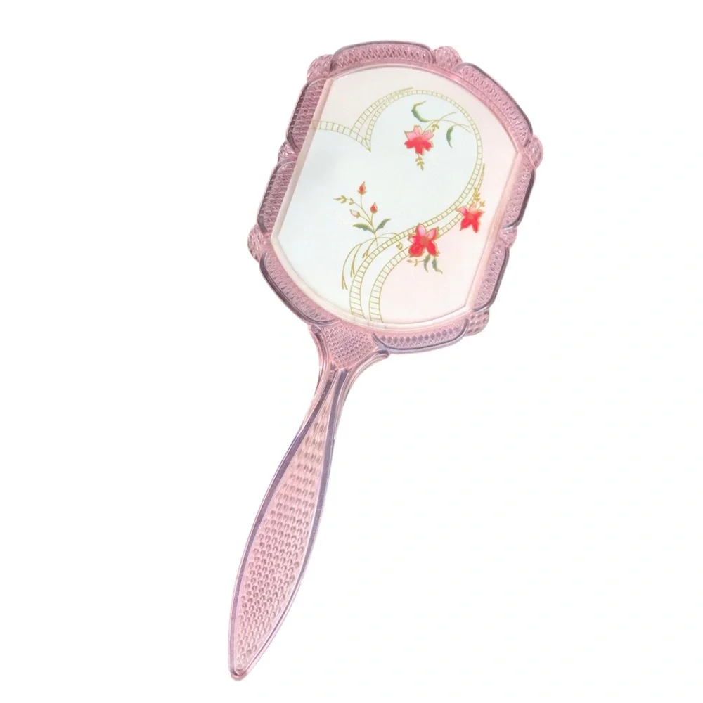 Vintage Celluloid Floral Mirror Vanity Handled Dainty Pretty Flower Mirror Pink